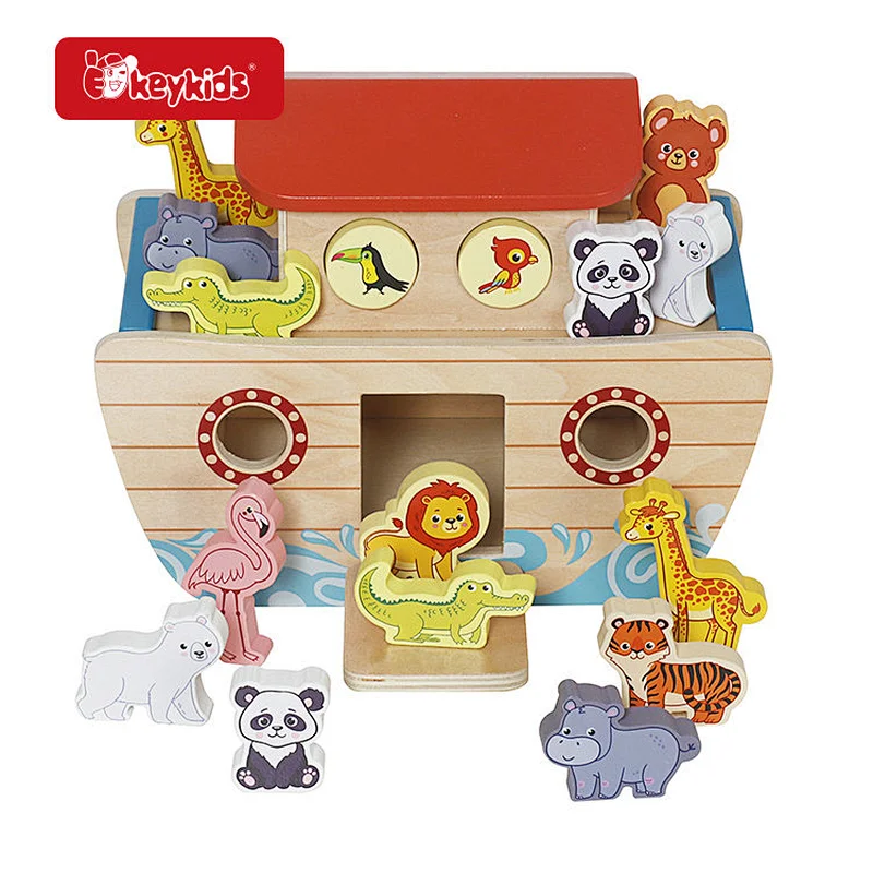 Wooden Noah's Ark Animal Play Set - Including Matching Animal Figures & Interactive Ark Toy for Kids W12D839